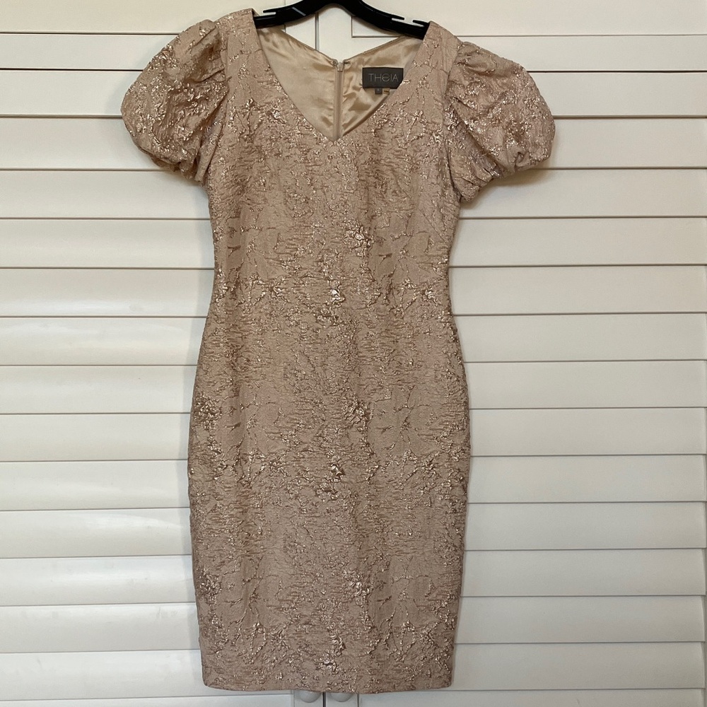 Theia Women's Beige foil fabric Dress with poufy sleeves and fit bodice
